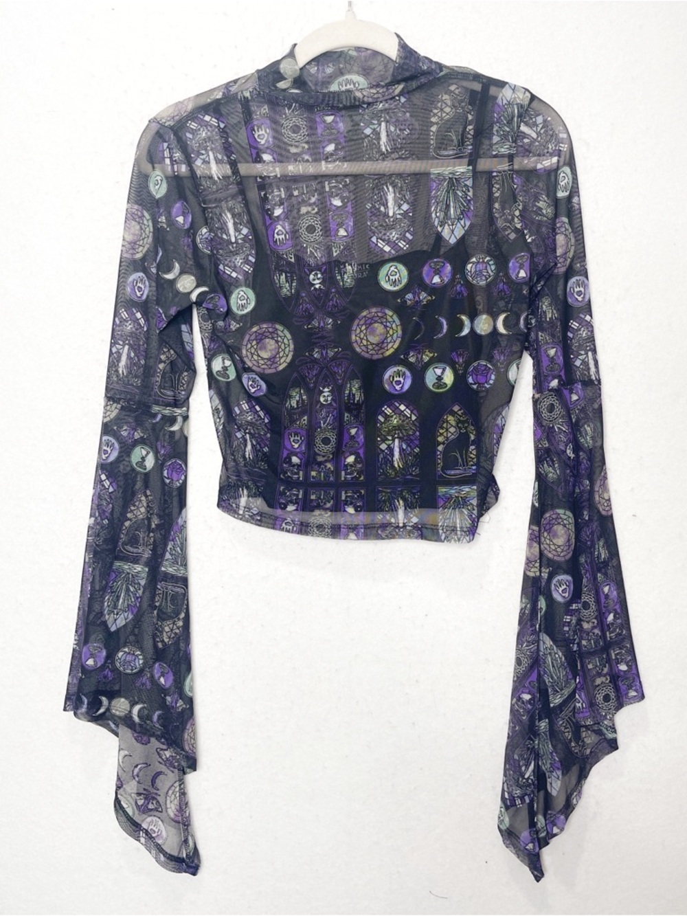 Cosmic Aura Stained Glass Sheer Mock Neck Top Black Cami Cathedral Moon Phases - Picture 4 of 10